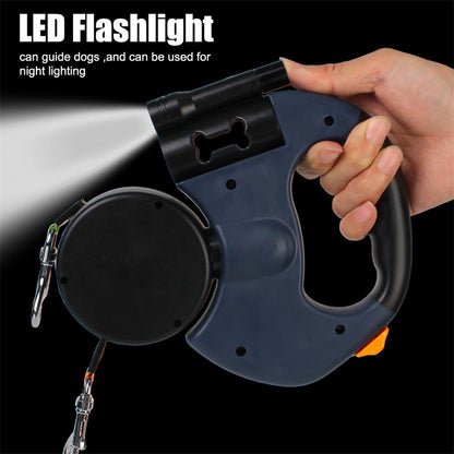 The dog lead has a built-in trash bag and LED light