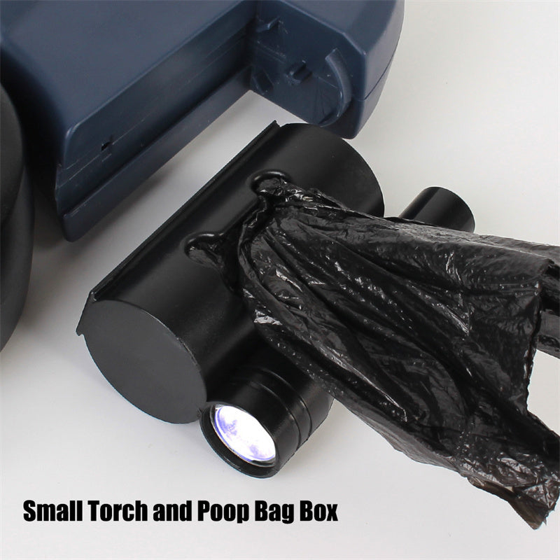 The dog lead has a built-in trash bag and LED light