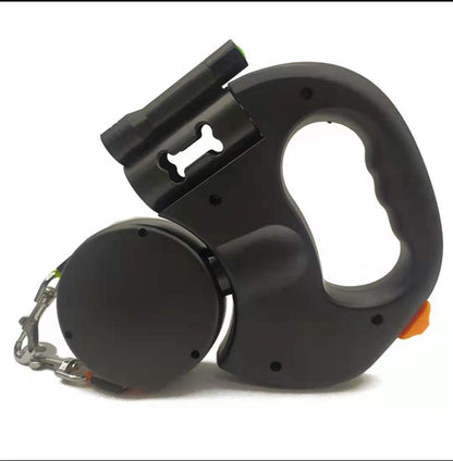 The dog lead has a built-in trash bag and LED light