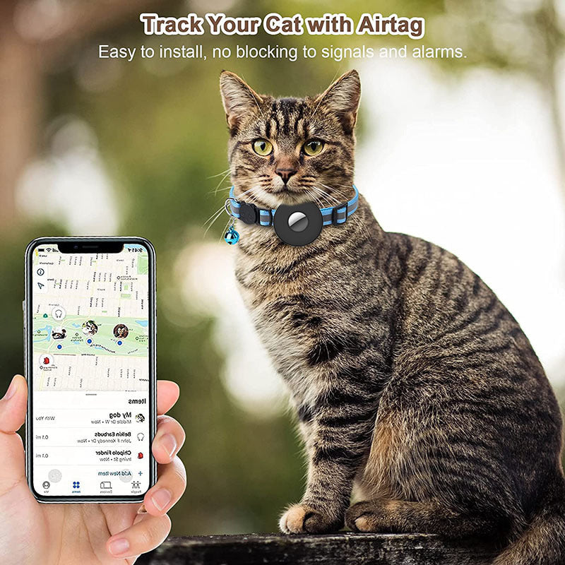 Adjustable Reflective Pet Collar with Airtag and Bell - Anti-Lost