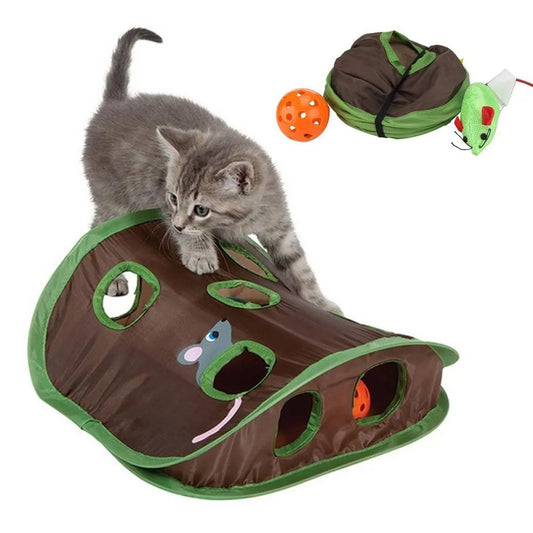 Interactive 9-Hole Cat Tunnel Toy | Foldable Mouse Hunt Game