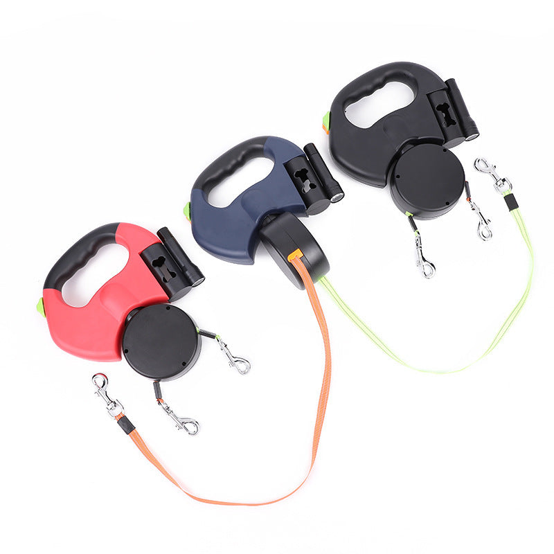 The dog lead has a built-in trash bag and LED light